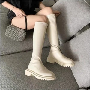 Women Shoes Fashion Zip Up Platform Knee High Boots Size 8 Ivory Slim PU Leather - Picture 1 of 2