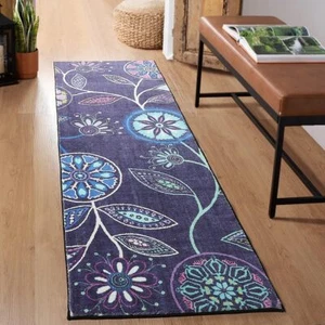 Navy Blue/Purple Boho Floral Non-Slip Washable Rubber Backing Floor Rug Mat - Picture 1 of 7