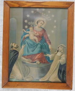 ANTIQUE LARGE RELIGIOUS LITHOGRAPH OAK FRAMED PRINT ROSARIO AVE MARIA CHRISTMAS - Picture 1 of 5
