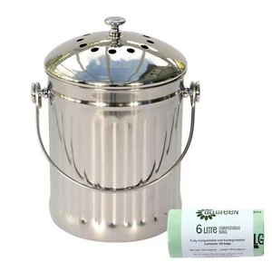Stainless Steel Kitchen Compost Pail/Caddy - Food Bin & 50 x 6L Compostable Bags - Picture 1 of 8