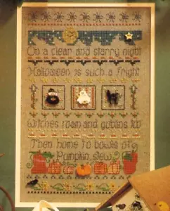 Hirtenbusch Halloween Geister Hexen Katzen Vogelhaus Kürbisse Kreuzstich - Bild 1 von 4