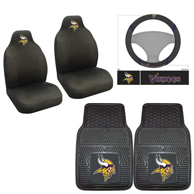 5PC NFL Minnesota Vikings Front Seat Covers Floor Mats & Steering Wheel Cover - Изображение 1 из 4