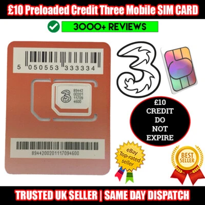 £10 Three UK Network CREDIT Supercharged Sim - Pay As You Go - No CONTRACT - Image 1 of 4