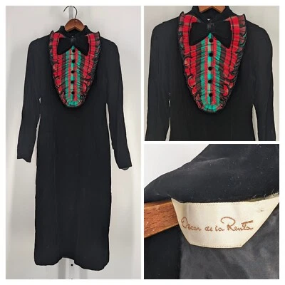 Oscar De La Renta Vintage 70s Velvet Tartan Pleated Bib Bowtie Archival Dress - Image 1 of 4