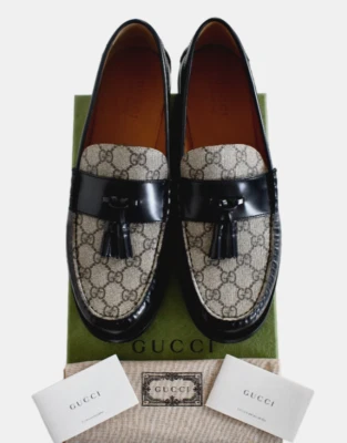 🆕️GUCCI Black Leather & Ebony GG Canvas TASSELLED Men's LOAFER Shoes 11.5 US-12 - Image 1 of 4
