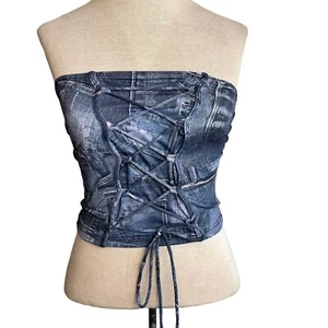 frankies bikinis Jayden Lace Up Top Blue Jean Print Size Medium Strapless NEW - Picture 1 of 8