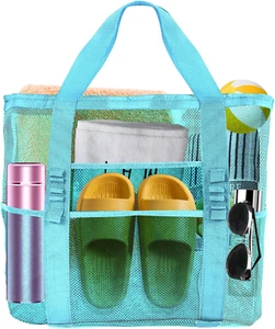 Large Mesh Beach Bag - Lightweight & Foldable Family Beach Bag with 9 Pockets - Picture 1 of 12