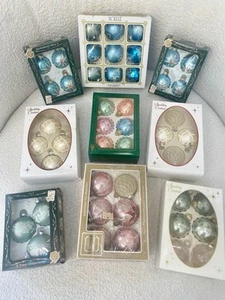 Vintage Pastel Blue Pink Noelle Mercury Glass Ornaments with Glitter Stencil - Picture 1 of 13