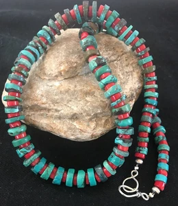 Navajo Mens 12mm Sterling Silver Heishi Blue Green Turquoise Coral Necklace A3 - Picture 1 of 12