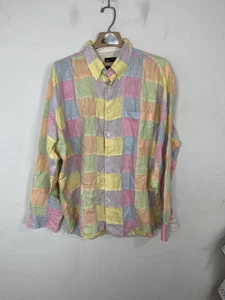 MINE Shirt Mens XL Pastel Patchwork 100% Linen Preppy Button Up Old Money Beach - Picture 1 of 10
