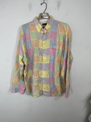 MINE Shirt Mens XL Pastel Patchwork 100% Linen Preppy Button Up Old Money Beach - Image 1 of 4