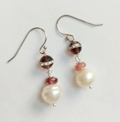 Orecchini pendenti in argento 925 perle barocche con tormaline viola e cristallo - Immagine 1 di 4