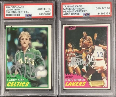 Larry Bird + Magic Johnson Signed 1981 Topps Rookie Card Pair Auto PSA/DNA MJ 10 - Image 1 of 4