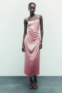 ZARA WOMAN SATIN DRESS PINK WITH RHINESTONE STRAPS SIZE SMALL NWT 7765/313 - Picture 1 of 9