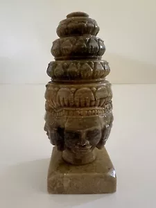 Figure Brahma Green Carved Buddha 4 Sides 13cm Stone Vintage - Picture 1 of 6