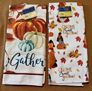 NEW set of 2 Microfiber Kitchen Dish Towels Gnome Pumpkins Fall Leaves 15"x25" - Picture 1 of 7