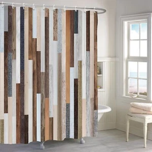 Rustic Wooden Shower Curtain 72x72" Western Farmhouse Brown Retro with Hooks - Picture 1 of 7