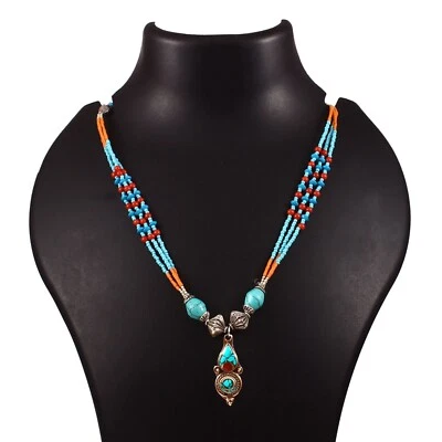 Turquoise, Coral Gemstone Tibetan 925 Sterling Silver Necklace Jewelry 18 inch - Image 1 of 4