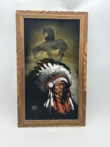 Vintage Indianer Indianer Häuptling signiert Samt Gemälde Mexiko geschnitzter Rahmen 1970 - Bild 1 von 20