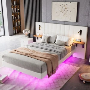 Panel Plush Velvet Upholstered Bed Frame Double With Headboard Built-In Lights - Picture 1 of 17