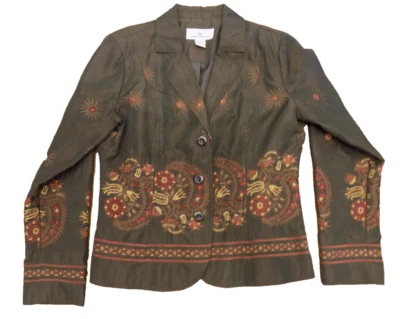 Chaqueta Blazer De Colección Erin London Floral Bordada Floral Brillante Arrugado Marrón Talla M Foto 1 de 4