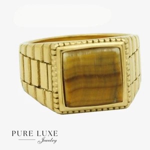 Men's Stainless Steel Brown Tiger's-eye Stone Ring 7,8-13 Gold plated Box - Picture 1 of 3