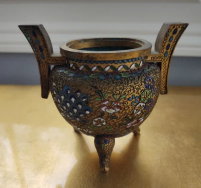 Chinese Cloisonné Enamel Gold Gilt Filigree Bronze 3 Footed Incense Burner - Image 1 of 4