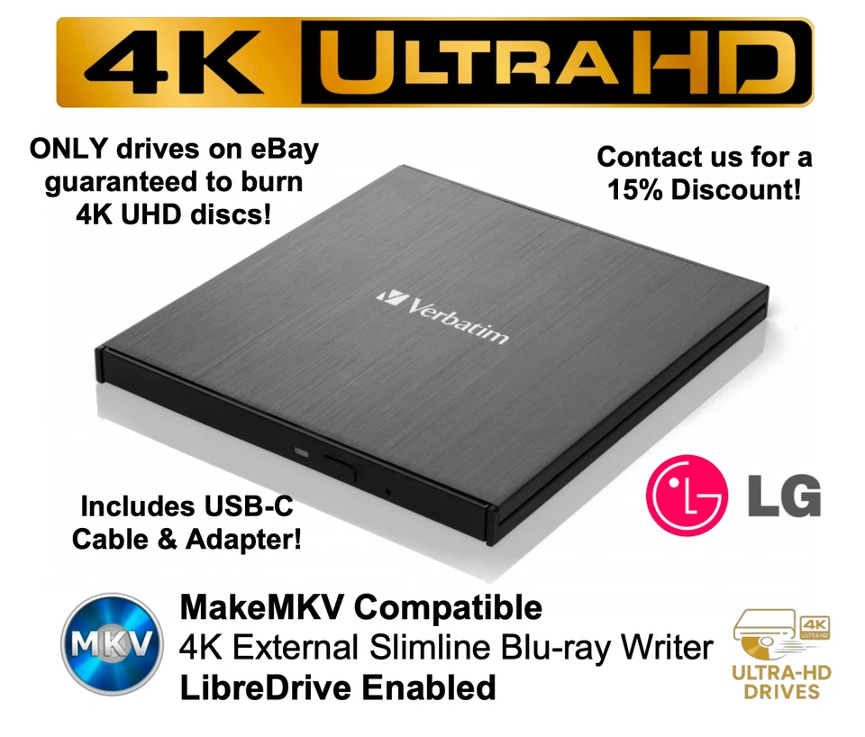 Verbatim 4K UHD Blu-ray Burner External Drive BU40N/UD04 LG MakeMKV LibreDrive - Image 1 of 4