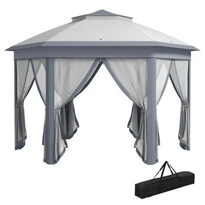 Outsunny 3x4m Hexagon Gazebo w/ Metal Frame Mesh Curtains Outdoor Garden, Grey - Image 1 of 4