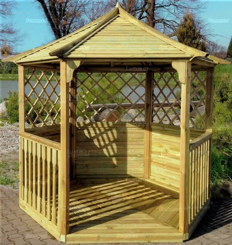 8'x7' Pressure Treated Hexagonal Wooden Gazebo - Prefab Panels, Trellis - Image 1 of 2