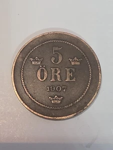 1907 Sweden 5 Ore Coin Circulated Vintage Collectors Sveriges Val - Picture 1 of 4