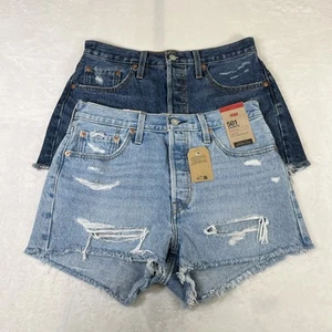 2pr. Levis 501 Shorts Womens 28 Blue High Rise Button Fly Distressed Cut Off - Picture 1 of 24