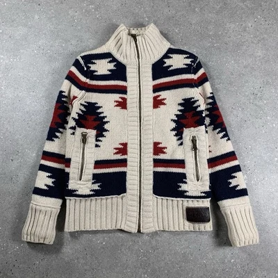 Superdry Cardigan Mens Small Cream Wool Sherpa Cowichan Navajo Aztec Chunky Knit - Image 1 of 4