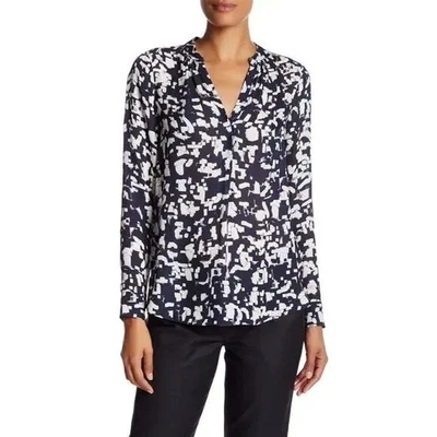 Vince Silk Confetti Blouse Size 10 Long Sleeve Split Neck Navy & White - Imagem 1 de 4