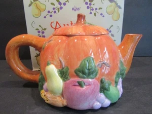 Russ AUTUMN FESTIVAL Ceramic PUMPKIN & VEGGIES Tea Pot With Box - Picture 1 of 6