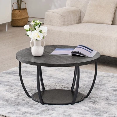 Mesa de centro redonda Uimoso con diseño de 2 niveles y marco de metal en acabado gris Foto 1 de 4