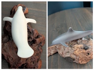 Set Of 2 John Perry Vintage Manatee & Dolphin Statue With Real Burl Wood Base - Picture 1 of 24