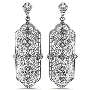 GENUINE AQUAMARINE & PEARL 925 STERLING SILVER DECO ANTIQUE STYLE EARRINGS  118X - Picture 1 of 2