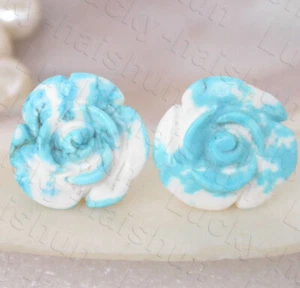 natural 19mm carved rose Multicolor blue turquoise Earrings stud 14K gold c1968 - Picture 1 of 3