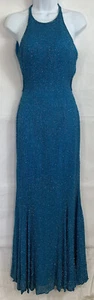 Vtg Cache Size M Silk Teal Beaded Formal Maxi Dress Hook High Neck Open Back Zip - Picture 1 of 12