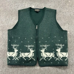 VINTAGE Requirements Vest Womens XL Green White Wool Full Zip Deer Snowflake 90s - Picture 1 of 8