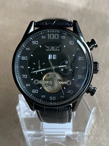 Jaragar 16556 Black Leather Strap Automatic Chronometer Men's Watch - Picture 1 of 7