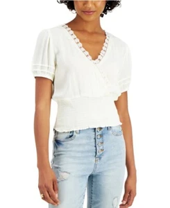Self Esteem Juniors' Lace-Trim Smocked Top Short Sleeve Ivory Size M - Picture 1 of 1