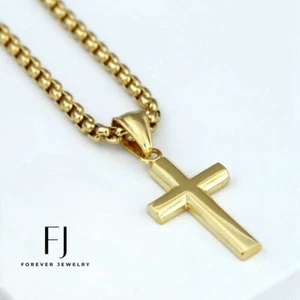 20" Men's,Stainless-Steel Box Chain.CROSS Pendant*Unisex Gold plated+ Box - Picture 1 of 4