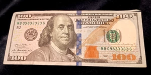 2013 $100 Dollar Bill Note Fancy Serial Number 5 Of A Kind LUCKY 3s CONSECUTIVE - Picture 1 of 4