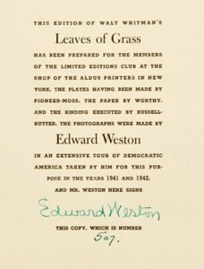 1942 1st HC; Leaves of Grass by Walt Whitman-photos by Edward Weston/signed #507 - Imagen 1 de 24