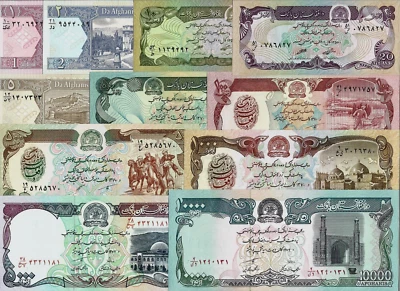 Complete Set x 11 Afghanistan 1 2 5 10 20 50 100 500 1000 5000 10000 AFGHANI UNC - Image 1 of 3