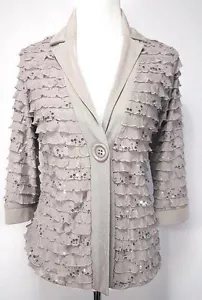 Slinky Brand Size M Silver Sequin Tiered Ruffle Jacket 3/4 Sleeve One Button - Picture 1 of 5