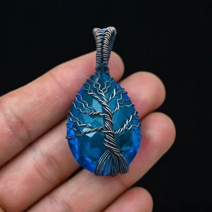 Blue Quartz Gemstone Copper Wire Wrapped Handmade Pendant Jewelry Gift For Love - Picture 1 of 4