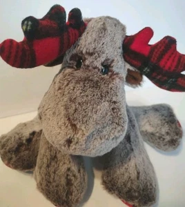 Aurora Holiday Christmas Moose Red Black Plaid Super Soft 9 1/2" X 8" Plush - Picture 1 of 10